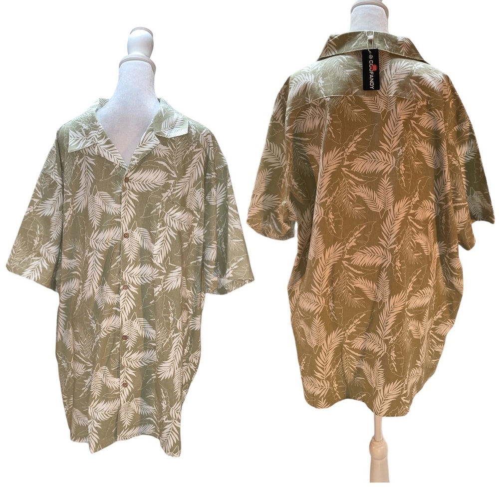 NWT Coofandy Tan & White Leaf Print Men's Short Sleeve Button Down Shirt XXL